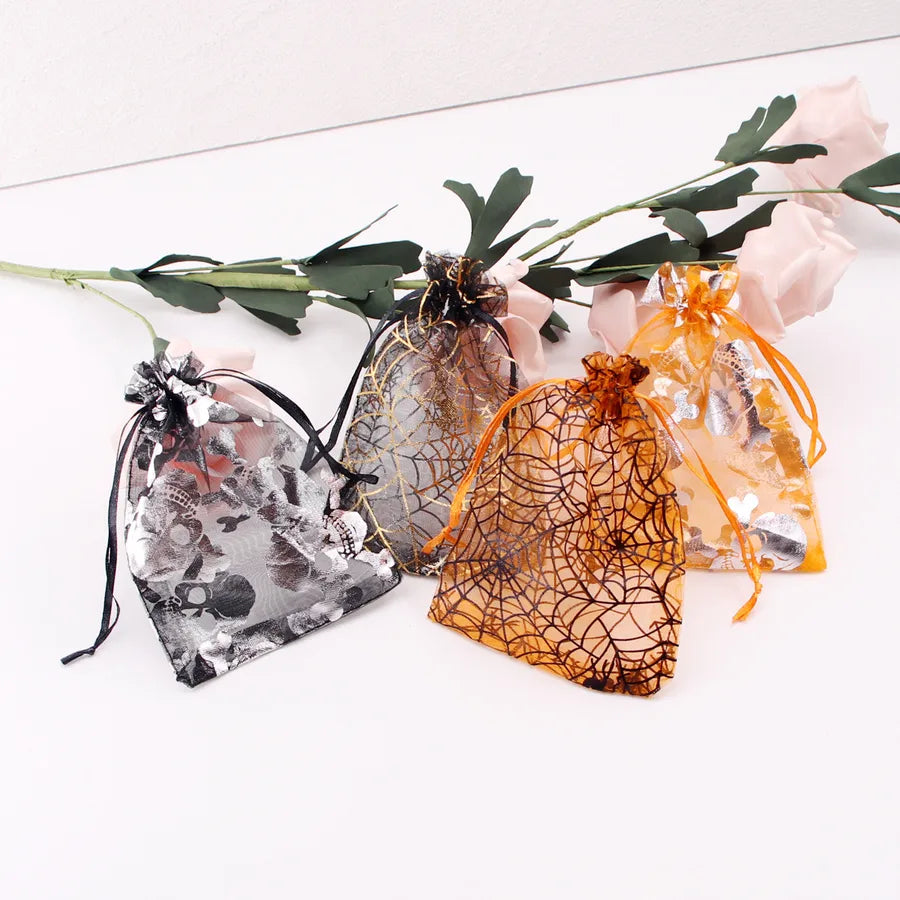 Halloween Candy Storage Bag Drawstring Golden Embossed Spider Web Jewelry Bag Gift For Halloween Cloth Material