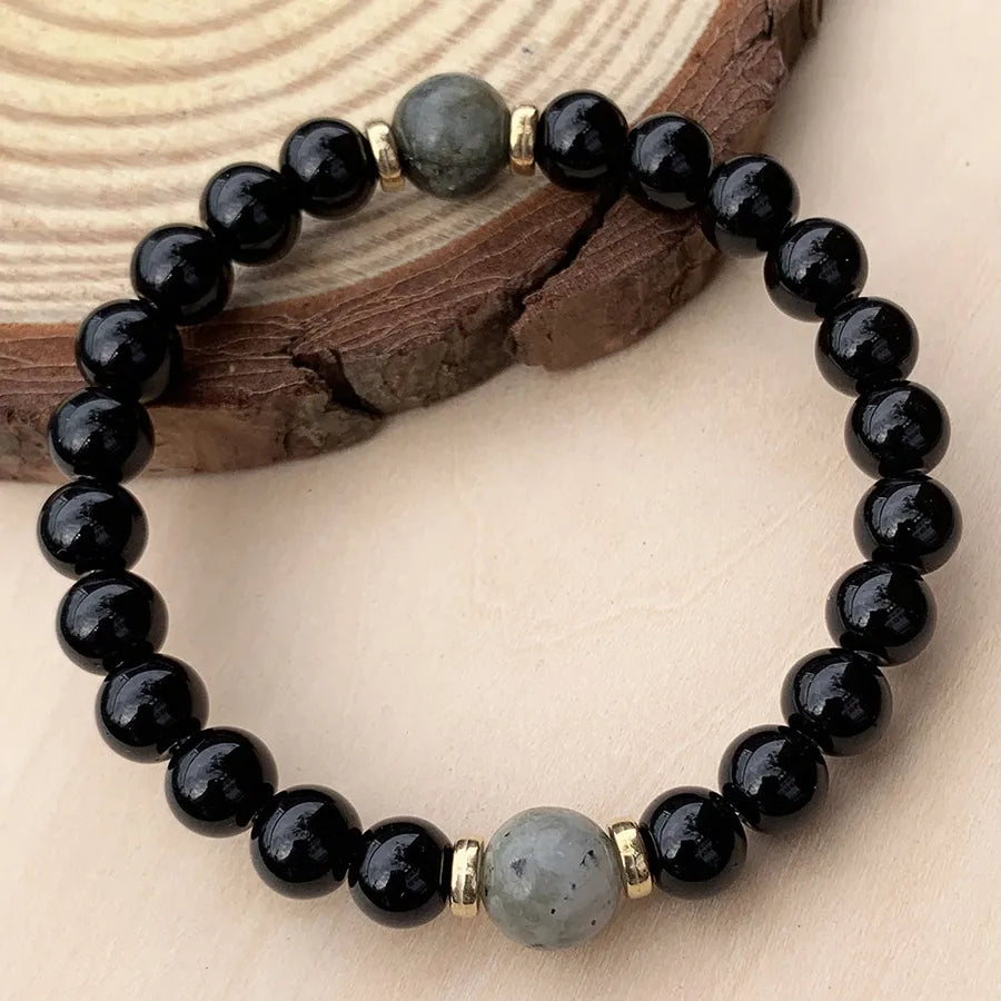 hot men's simple natural stone bracelet imitation black agate white flash handmade beaded bracelet jewelry wholesale