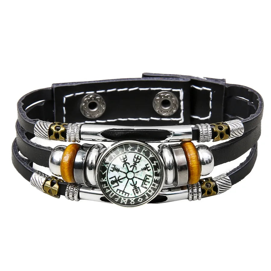 Hot Sale Viking Pirate Compass Pattern Leather Bracelet   Retro Multi-Layer Beaded Bracelet