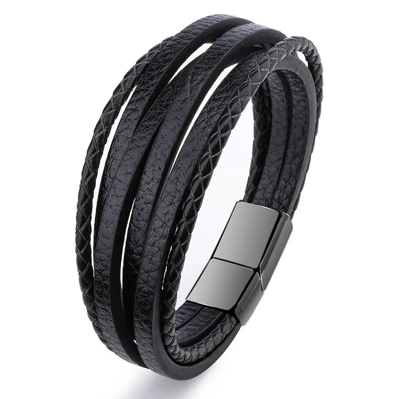 Retro Simple Style Solid Color Pu Leather Alloy Magnetic Buckle Layered Plating Men's Bracelets Men Cord & Leather Bracelets