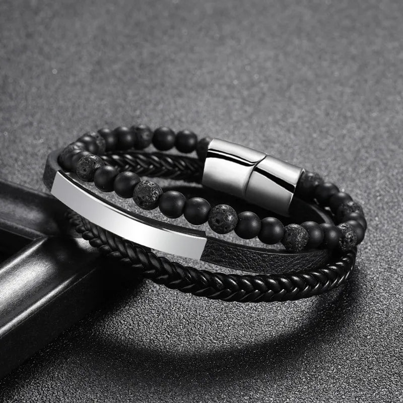 1 piece fashion round pu leather alloy beaded layered patchwork men's bracelets