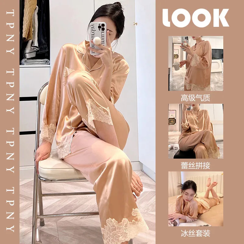 Pure Color Lace Splice Smooth Ice Silk Sleepwear Set Women Long Sleeve Long Pants Two Piece Set High-End Sensation Home Clothes