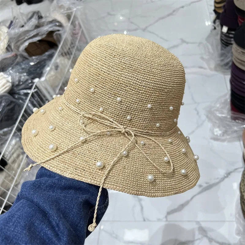 Handmade Laffey Grass Fishing Hat Women Summer Sun Protection Beach Hat Pearl Rhinestone Pot Hat Coastal Sand Beach Cap