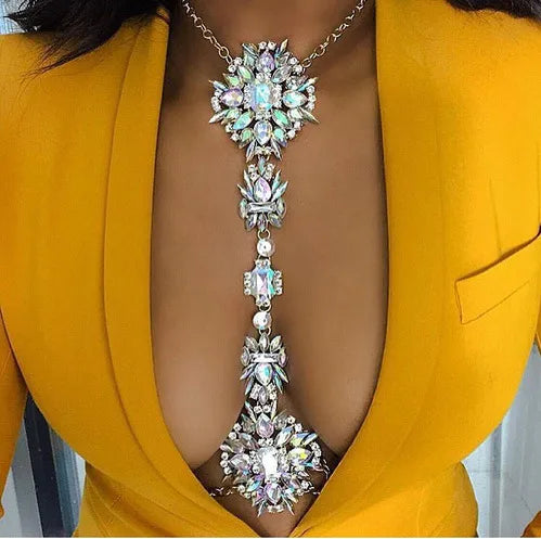 jewelry diamond-embedded Fashion Women's Small waist necklace jewelry exaggerated flower clavicle chain body chain wholesale