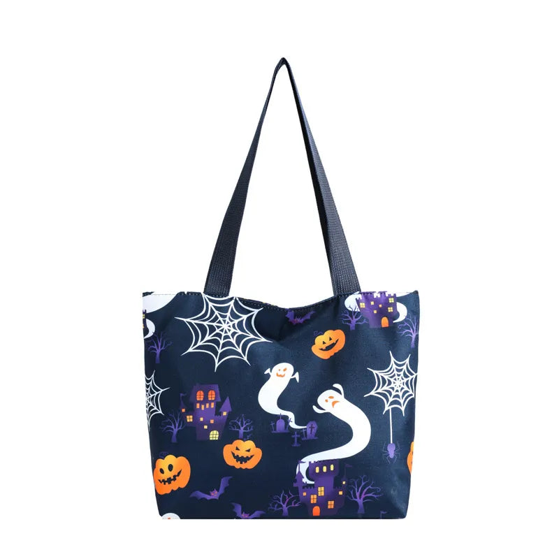 Halloween High Capacity Tot Bag Pumpkin Witch Casual Single Shoulder Bucket Shape Zipper Closure Nylon Material Street Style