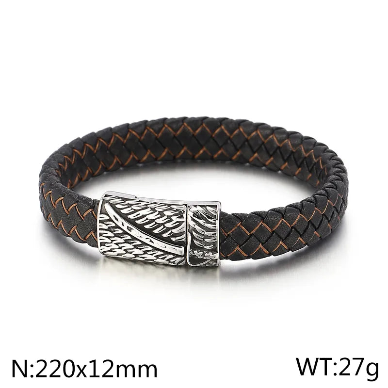 hip-hop retro color block pu leather titanium steel braid men's bangle