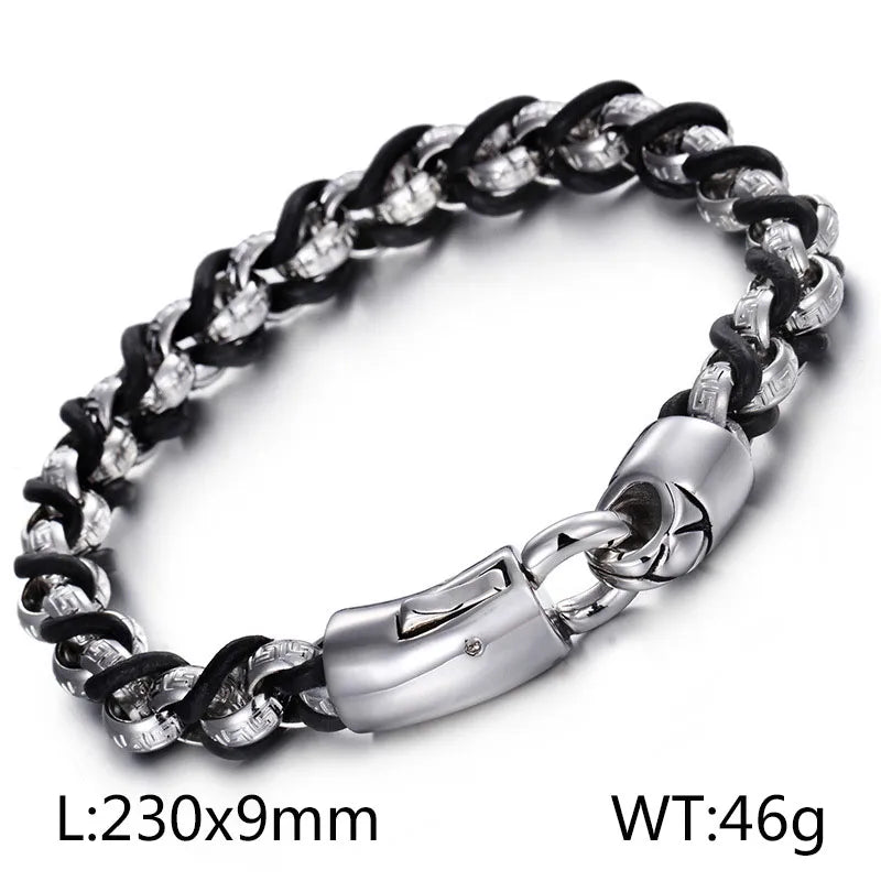 Hip-Hop Retro Color Block Pu Leather Titanium Steel Plating 18K Gold Plated Men's Bracelets