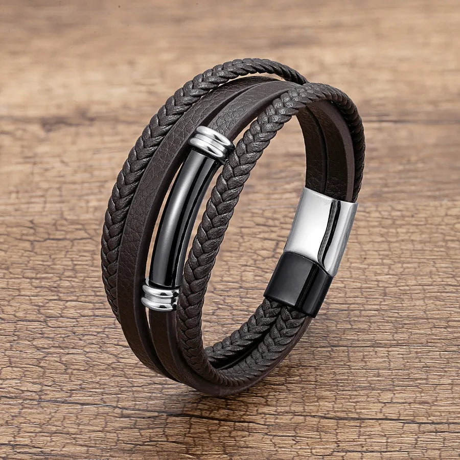 hip-hop geometric pu leather metal layered men's bracelets