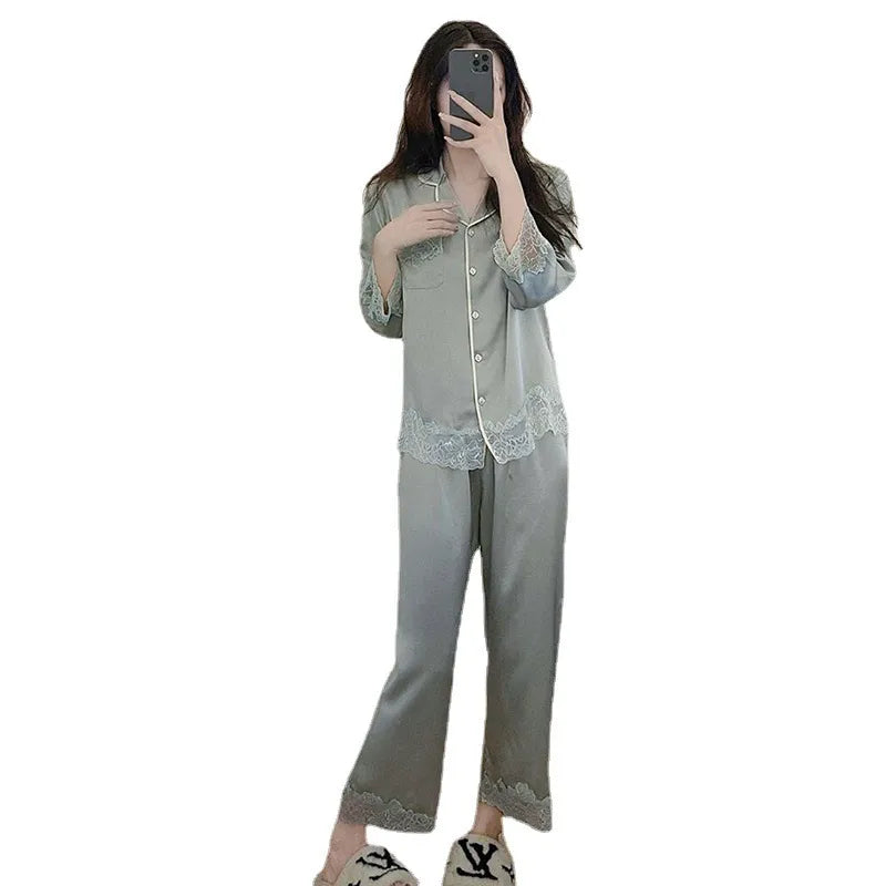 Pure Color Lace Splice Smooth Ice Silk Sleepwear Set Women Long Sleeve Long Pants Two Piece Set High-End Sensation Home Clothes