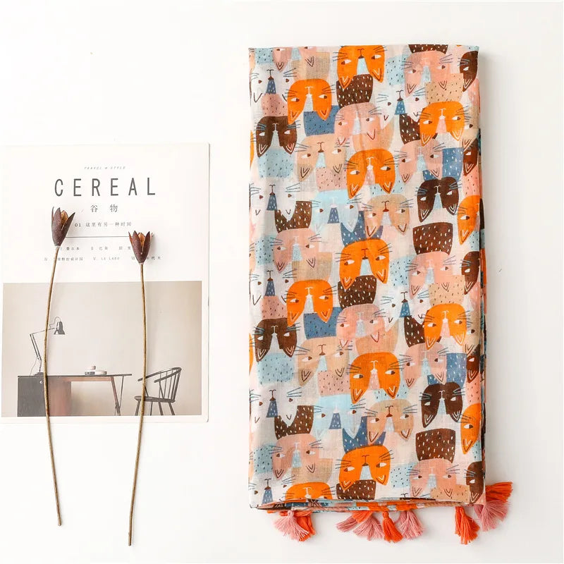 women's fashion cat cotton and linen silk scarves