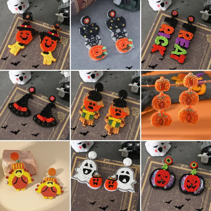 New Halloween Pumpkin Ear Cuff Quirky Individualistic Rice Bead Dangle Earrings Exaggerated Design Sense Fashion Jewelry