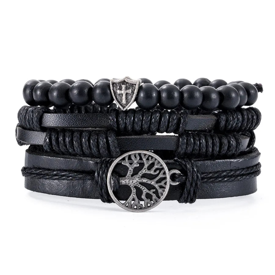 Retro Waves Flower Pu Leather Wood Beaded Men's Bracelets