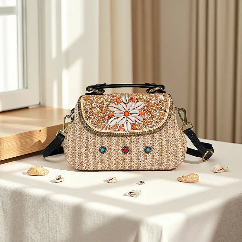 Bohemian Style Rice Bead Rattan Crossbody Bag, Lightweight, Can Hold Mobile Phone, Keys, Lipstick, Holiday Style Handbag