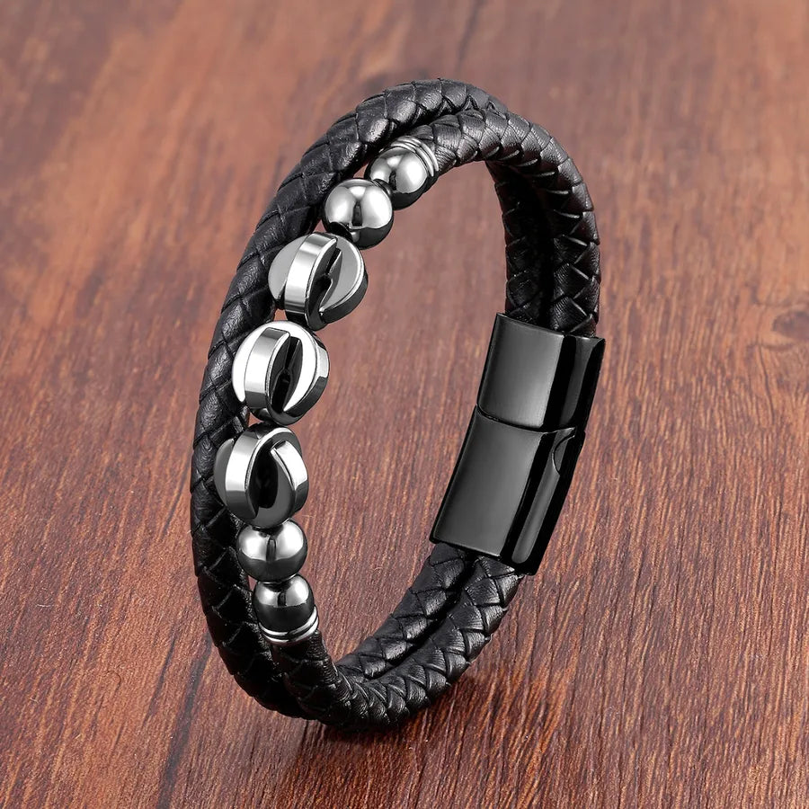 vintage style classic style round leather rope stone metal handmade metal button men's bracelets