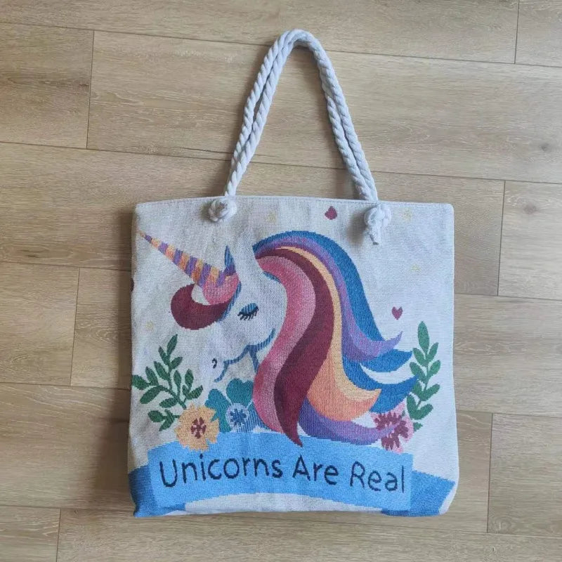 Women's Large Canvas Animal Cartoon Vacation Ethnic Style Bucket Zipper Tote Bag