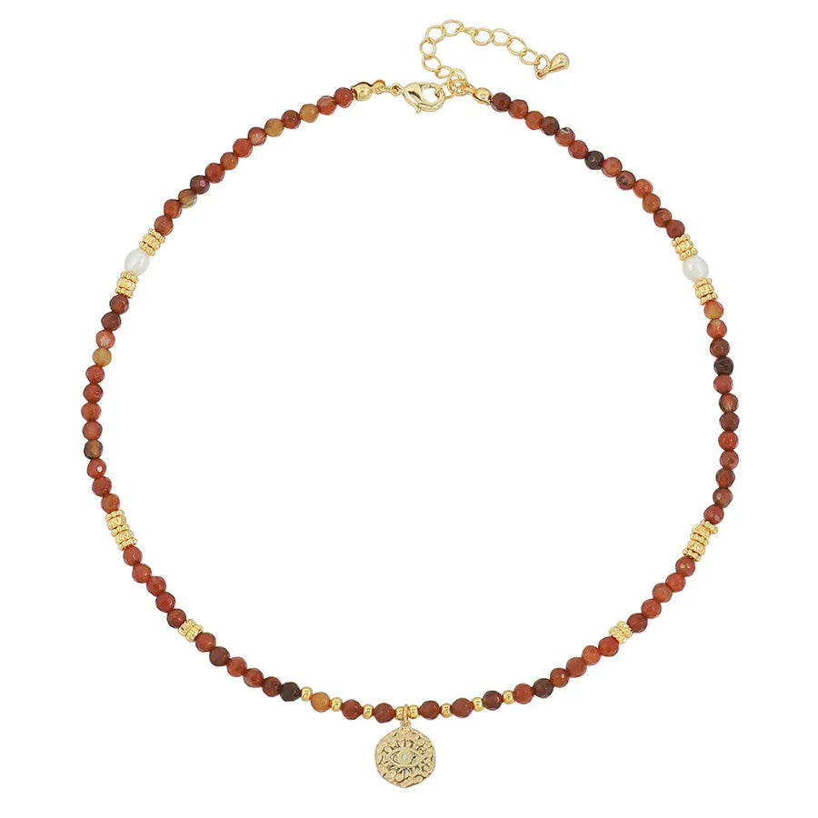 retro color block natural stone freshwater pearl titanium steel beaded necklace