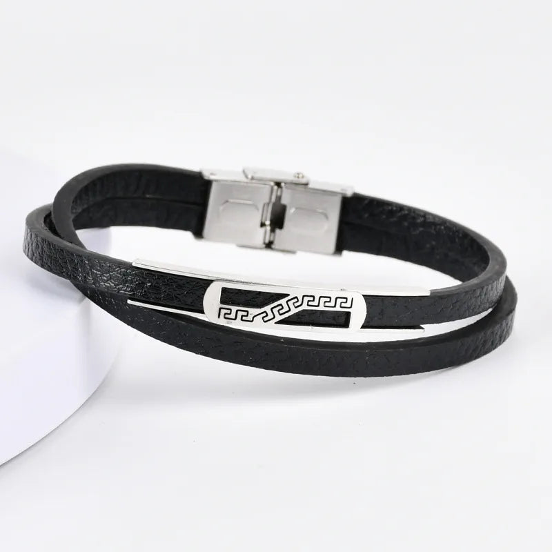Retro Punk Geometric 201 Stainless Steel Pu Leather Men's wristband Men Cord & Leather Bracelets