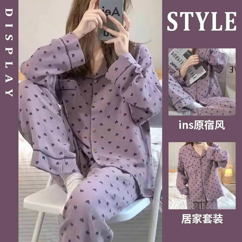Purple Heart Sweet Style Women's Sleepwear Long Sleeve Home Clothes Spring Autumn High Sensation Dormitory Outdoor Wear Set