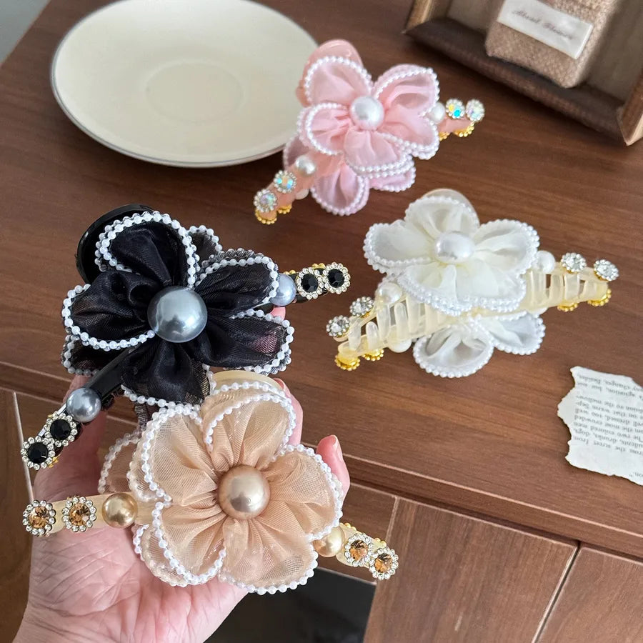 Dove Super Large Pearl Rhinestone Mesh Flower Hair Clip Elegant Sensation Shark Bite Hair Clip Women's Fashion Hair Accessories