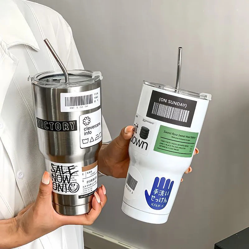 Large Ice Cup Food Grade 304 Stainless Steel Cold and Heat Preservation Double Drink Summer Coffee Cup Vehicle-Borne Cup Portable Men and Women Ins