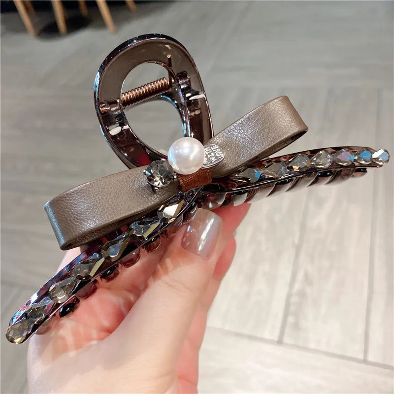 Large Size Pearl Rhinestone Leather Butterfly Knot Hair Clip Women Sweet Shark Clamp Back Of Head Updo Hair Accessory