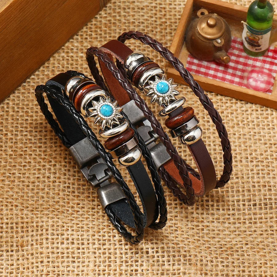 Retro Star Pu Leather natural stone Unisex Bracelets