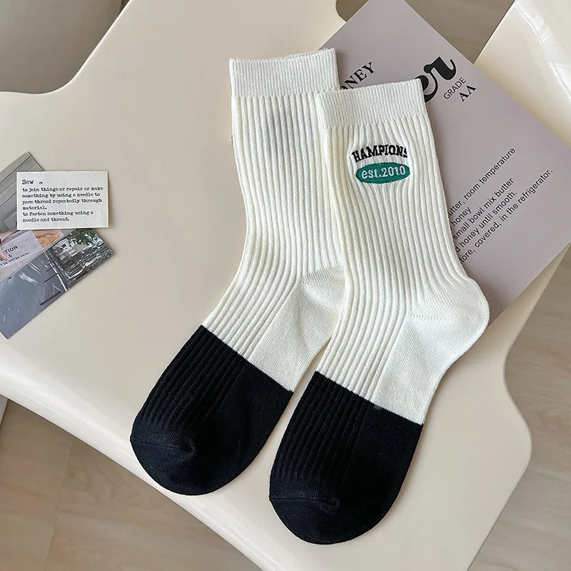 women's lady sweet color block cotton crew socks a pair