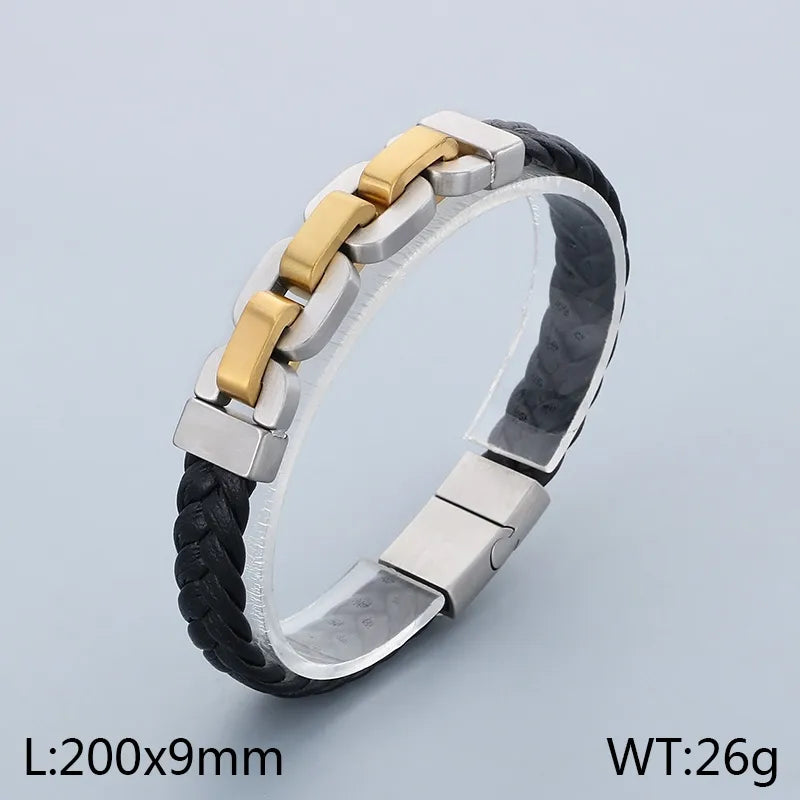 Business Geometric 304 Stainless Steel Microfiber Leather 18K Gold Plated Men's Bangle Men Cord & Leather Bracelets