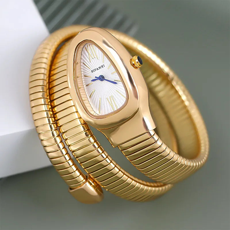 Foreign Trade Snake-shaped Quartz Watch Women's Fashion Two-ring Steel Band Watch All-match Gradient Bracelet Watch Wrapped European and American Watches