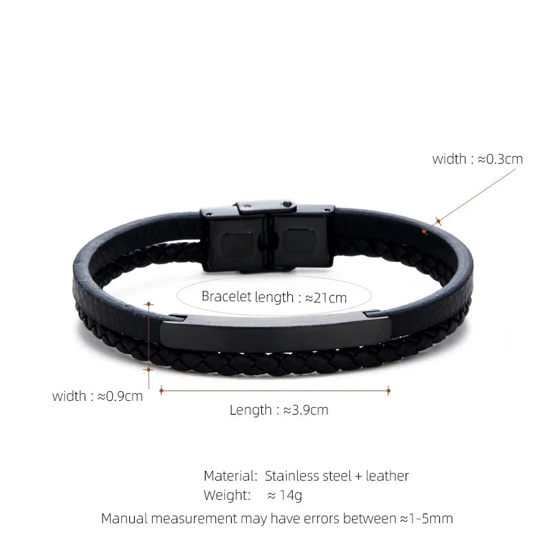 Retro Customization Laser Engraving Solid Color 304 Stainless Steel Pu Leather Braid Men's Bangle Men Cord & Leather Bracelets