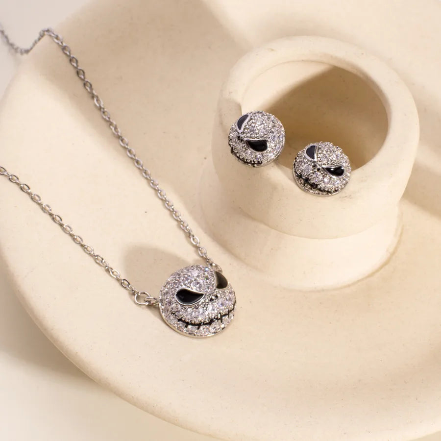 Gothic Style Pumpkin Skull Diamond Embedded Copper Necklace Earring Jewelry Set Halloween Decorations Unisex Autumn Winter