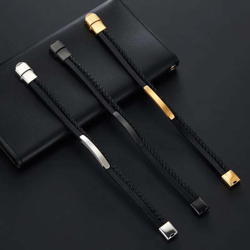 Retro Customization Laser Engraving Solid Color 304 Stainless Steel Pu Leather Braid Men's Bangle Men Cord & Leather Bracelets