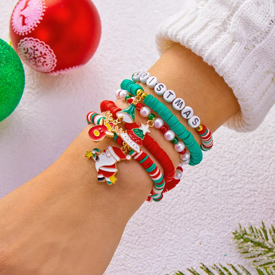 Christmas Themed Bracelet Set Snowflake Santa Pendant Elastic Rope Chain Adjustable Clasp Soft Ceramics Alloy Festive Jewelry