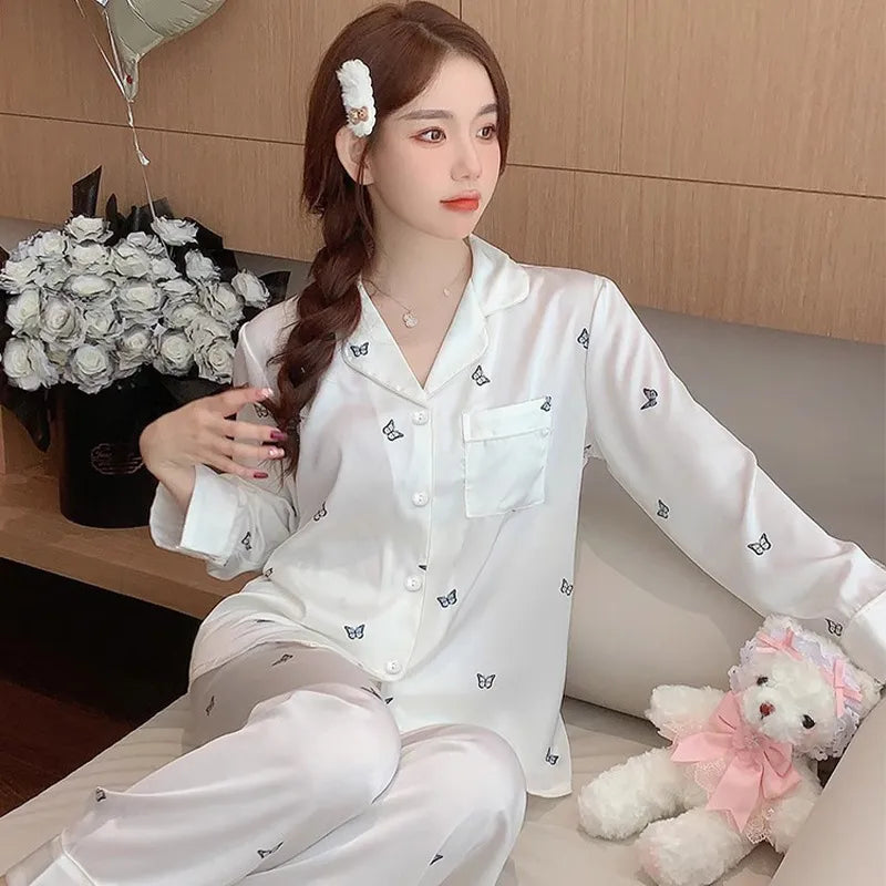 Elegant Ice Silk Sleepwear Women's Summer Butterfly Print Short Sleeve Home Clothes Set Can Be Worn Outside Breathable Casual