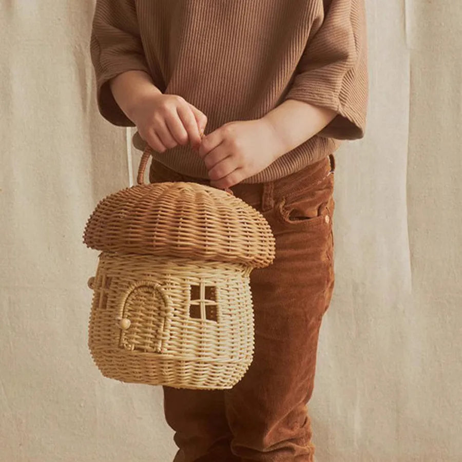 Woven Acorn Handbag Handmade Rattan Mushroom Storage Box Children's Toy Basket with Lid Storage Basket Photography Props