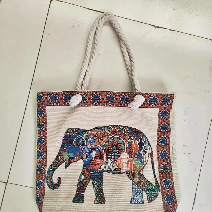 Women's Large Canvas Animal Cartoon Vacation Ethnic Style Bucket Zipper Tote Bag