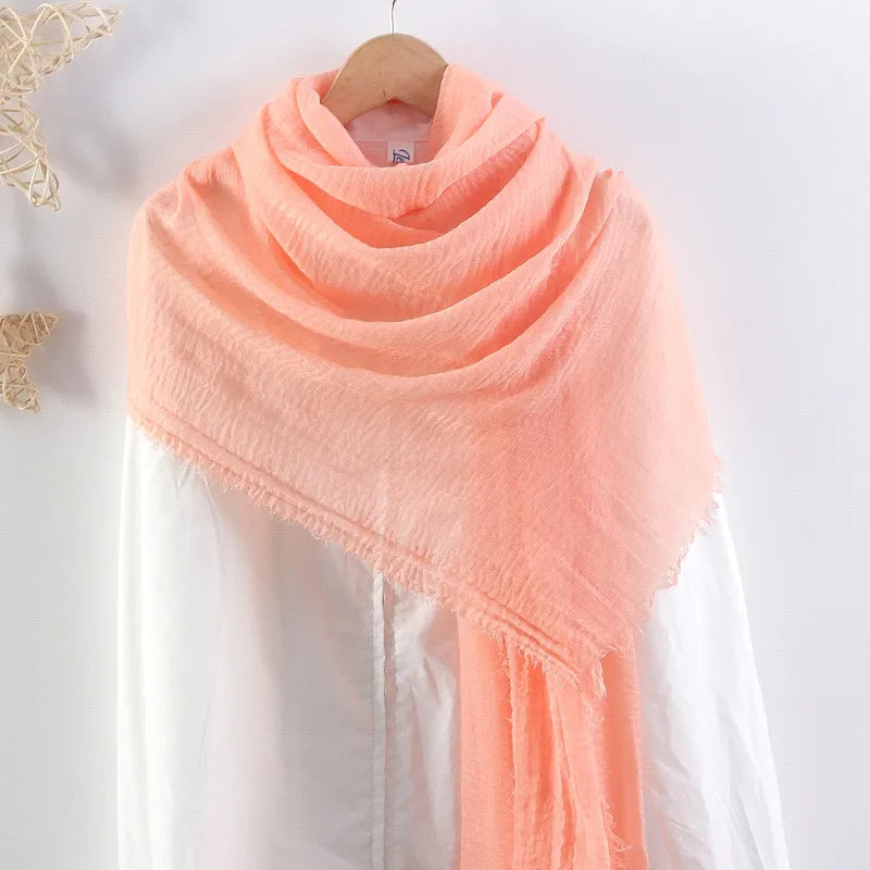 Hot selling solid color pleated cotton and linen scarf  women's bag headscarf crumpled hair fringe bubble scarf women's scarf cover head