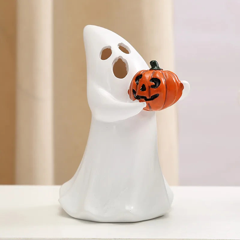 Halloween Window Display Decorations Resin Pumpkin Carving White Ghost Holding Skull Head Tabletop Ornaments European Style