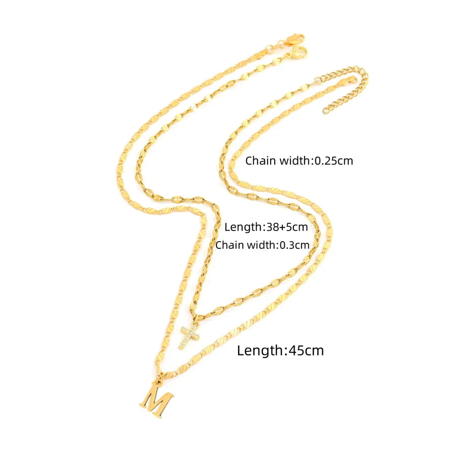 2 Pcs/set Gold Color Fashion Initial Letter Cross Pendant Lip Chain & 卍 Symbol Chain Stainless Steel Women Necklace