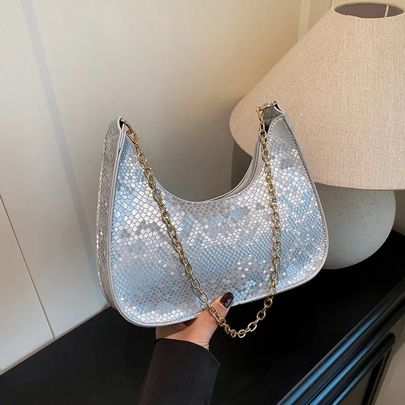 Bags Women's Bags  New Armpit Bag Pearlescent Snake Pattern Baguette Bag Single Shoulder Crossbody Bag Texture Handbag