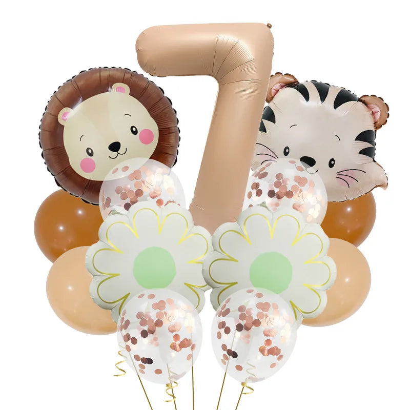 Retro Forest Tiger Lion Animal Balloon Set Caramel Digital Birthday Party Decoration Balloon Aluminum Foil Material