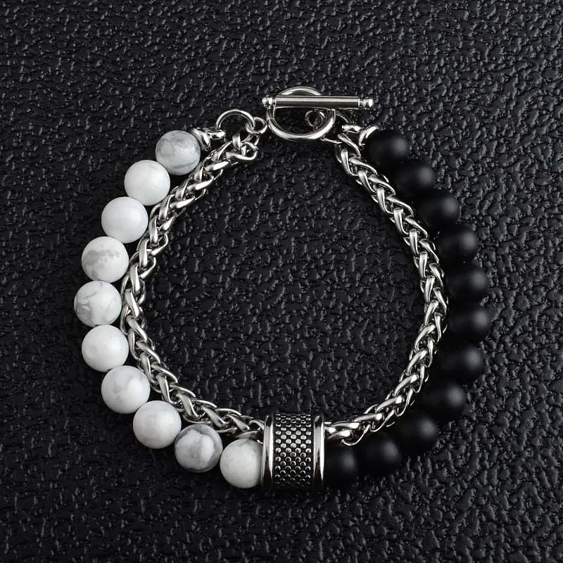 casual simple style round stainless steel stone beaded chain men's bracelets