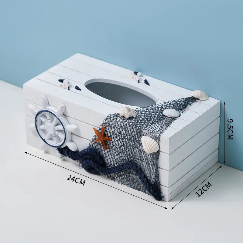 Marine Style Starfish Rudder Wood Tissue Box