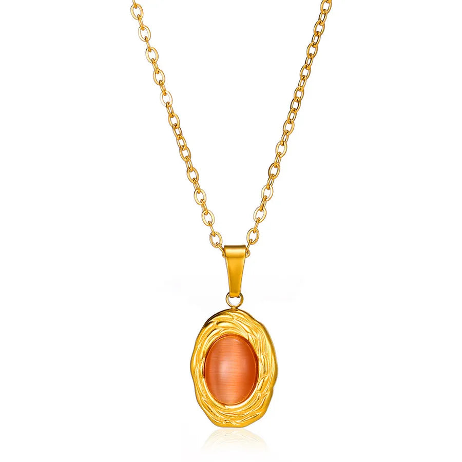 Wholesale Jewelry Elegant Sweet Geometric 304 Stainless Steel Cat's Eye Stone Plating cable chain Pendant Necklace