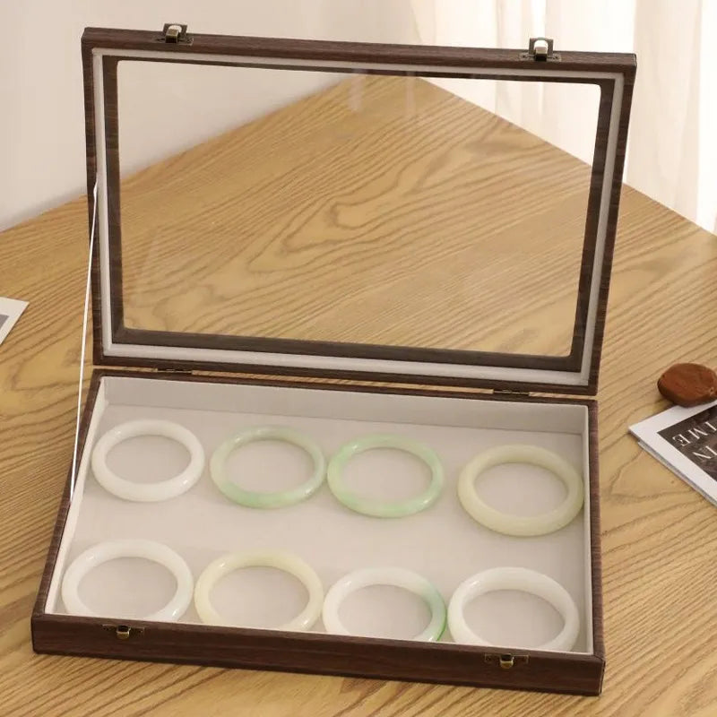 Retro Style Wooden Texture Leather Jewelry Box With Glass Lid Dustproof Storage For Rings Necklaces Bracelets Accessories Display