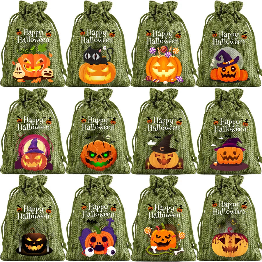 2025 New Halloween Linen Drawstring Gift Bag Pumpkin Shaped Sealed Mouth Bag Cartoon Style Heat Transfer Process Ladies Handbag