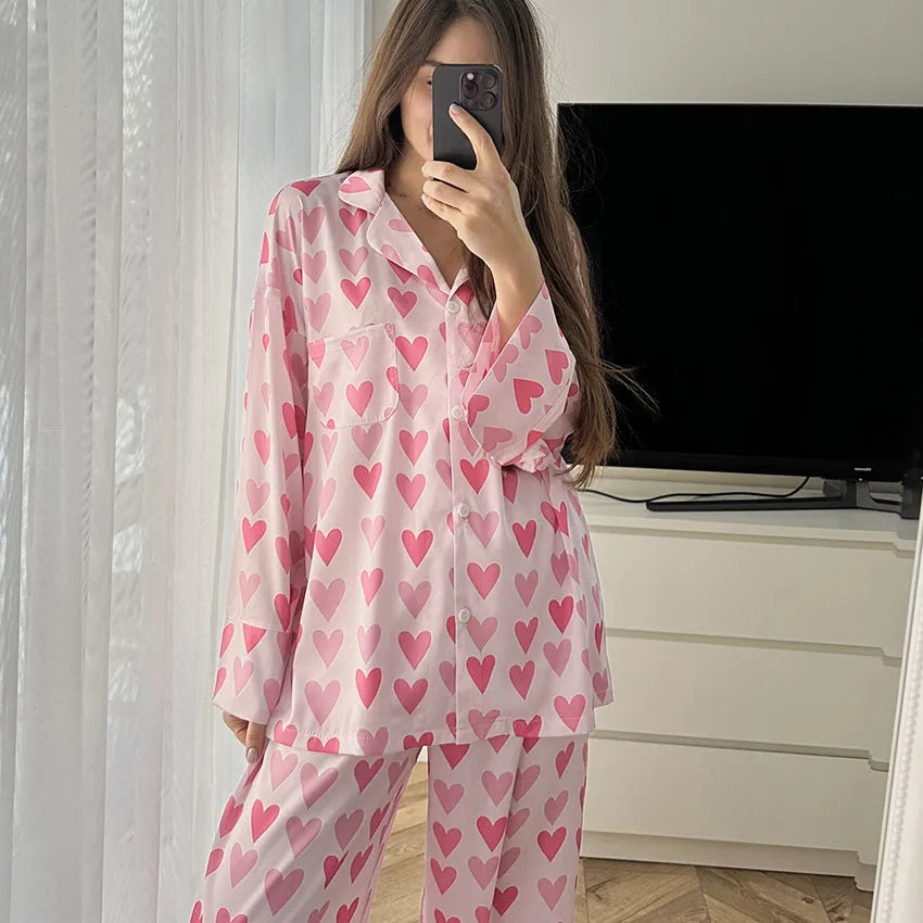 Home Women's Cute Heart Shape Spandex Polyester Pants Sets Pajama Sets