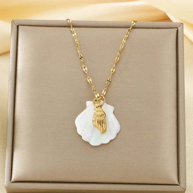 Wholesale Jewelry Marine Style Simple Style Tortoise Starfish Conch 304 Stainless Steel 18K Gold Plated coffee bean chain Pendant Necklace
