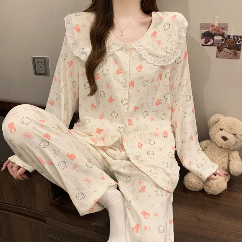 Sweet Cherry Cloud Cotton Long Sleeve Spring Home Clothes Set For Girls Comfortable Breathable Sleepwear Casual Style