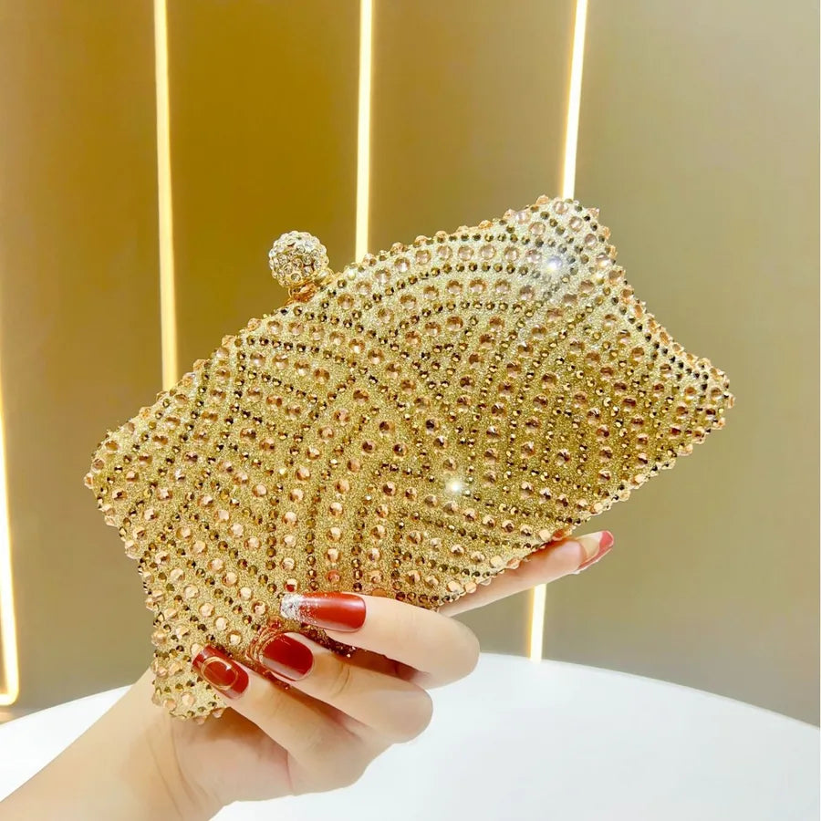 Elegant Shiny Rhinestone Evening Bag Women's Clutch Handbag Fashionable Matched Dress Bag Square Polyester Box Shape Chain